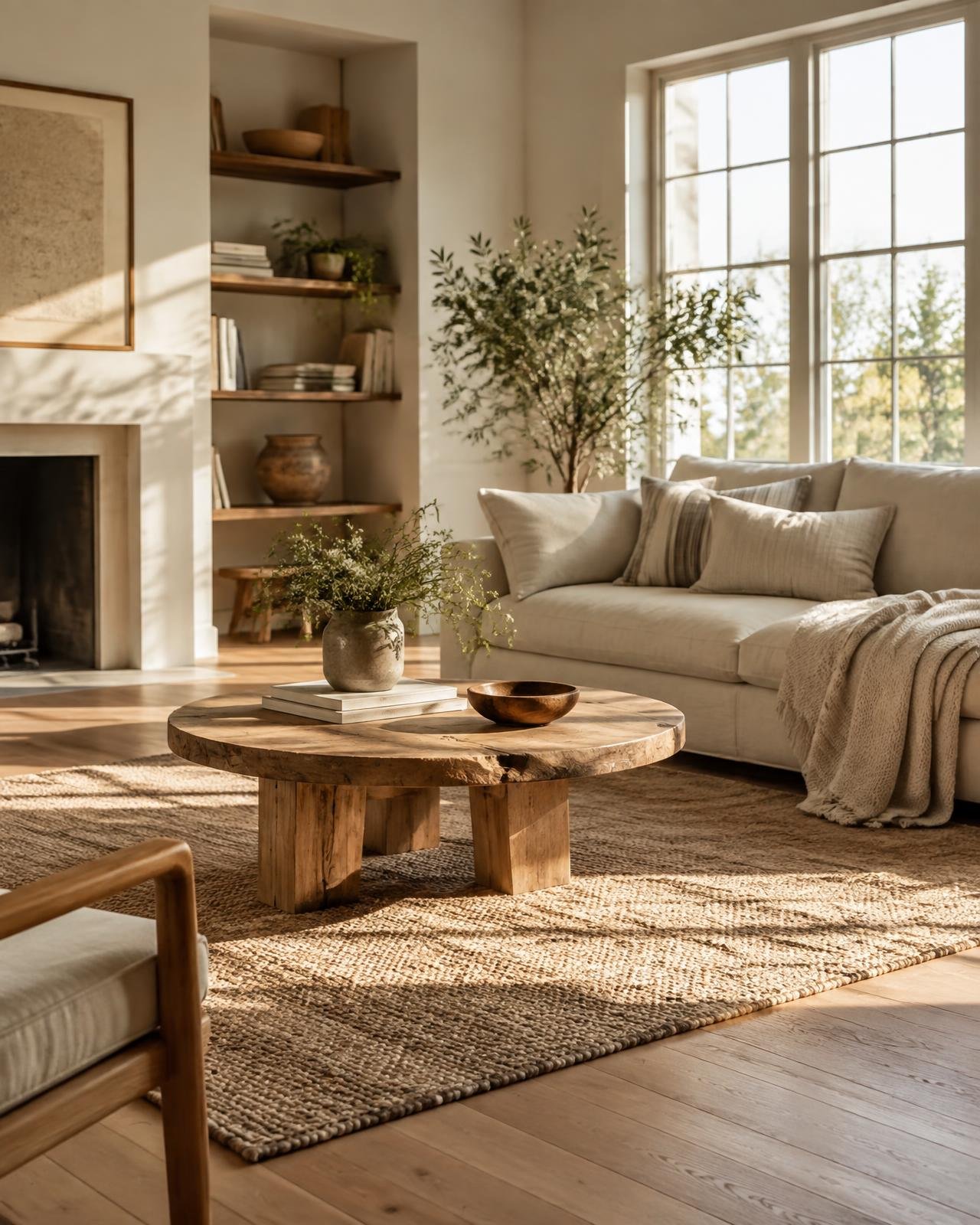 Sunlit living room with oak flooring, linen sofa and a woven rug